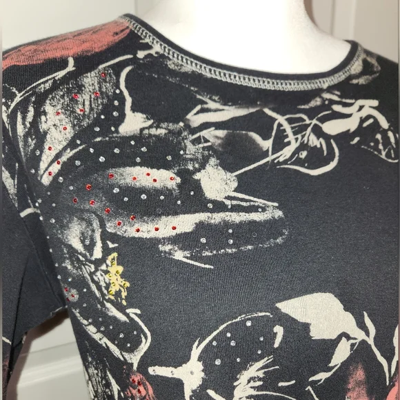 Jess & Jane Embelished Short Sleeve Cotton Blouse Shirt Rhinestone Floral Sz M - Picture 6 of 11